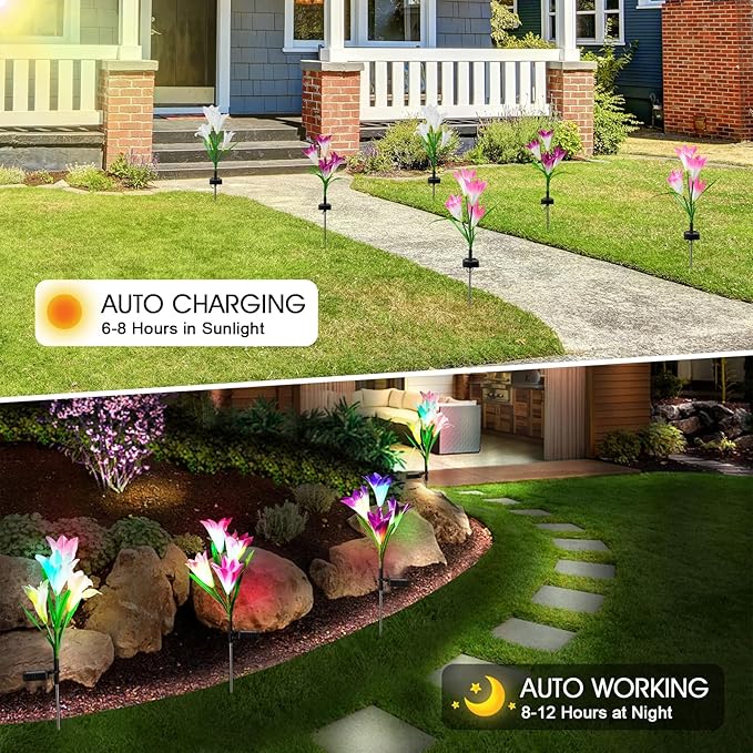 8 Pack Solar Garden Lights Outdoor, 7 Color Changing LED Waterproof Solar Powered Lily Flowers Landscape Lights for Outside Yard, Patio, Pathway Decorative, Décor