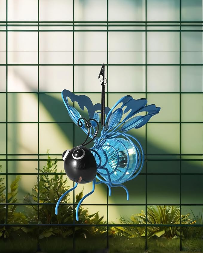 iStatue Solar Hanging Metal Butterfly Light - Weather Resistant Decorative Lights with Bouncy Springs for Garden and Patio - Spring Summer Decorations (Blue)