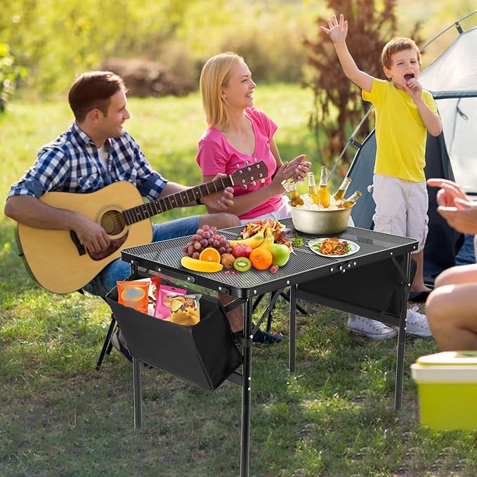 Camping Table 3FT Grill Table with 2×7/15L Storage Bag Foldable Folding Table Picnic Portable Stand Mesh 2 Height Adjustable Outdoor Card BBQ 35.4×23.6×26 inch