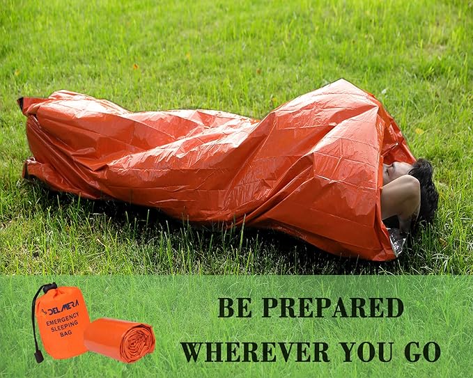 Delmera Emergency Sleeping Bag, Lightweight Survival Sleeping Bags Waterproof Thermal Emergency Blanket, Bivy Sack Survival Gear for Outdoor Adventure, Camping, Hiking, Orange, Green