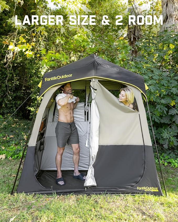 FanttikOutdoor Zeta A2 Pro Shower Tent 2 Rooms, Instant Setup in 60 Seconds with Rainfly & Windproof, Portable with Carry Bag for Family Camping, Privacy Shelters Upgraded Ventilation
