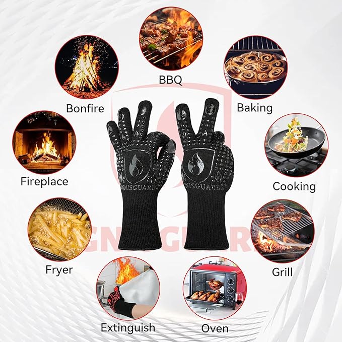 BBQ & Grill Gloves, Oven Gloves, 1472°F Silicone Oven Mitts Heat Resistant Grilling Gloves Fireproof Non-Slip for Barbecue Cooking Baking Smoking, 1-Pair Black（L）