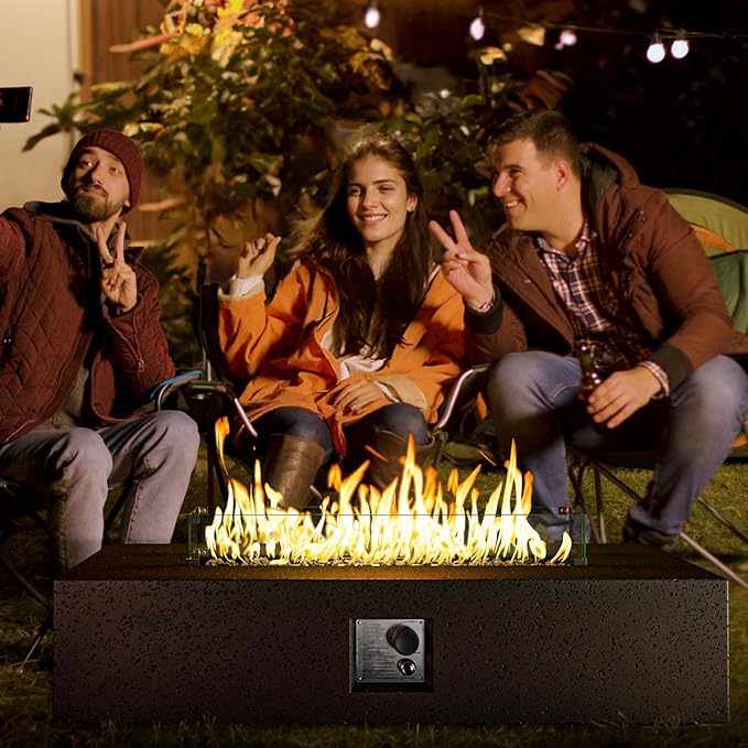 COSIEST 56 x 28 inch Outdoor Propane Fire Pit Coffee Table w Concrete Rectangle Base, CSA Certified, 50,000 BTU, Free Lava Rocks and RainCover, Fits 20lb Tank Outside, Wind Guard, Tank Cover, Brown