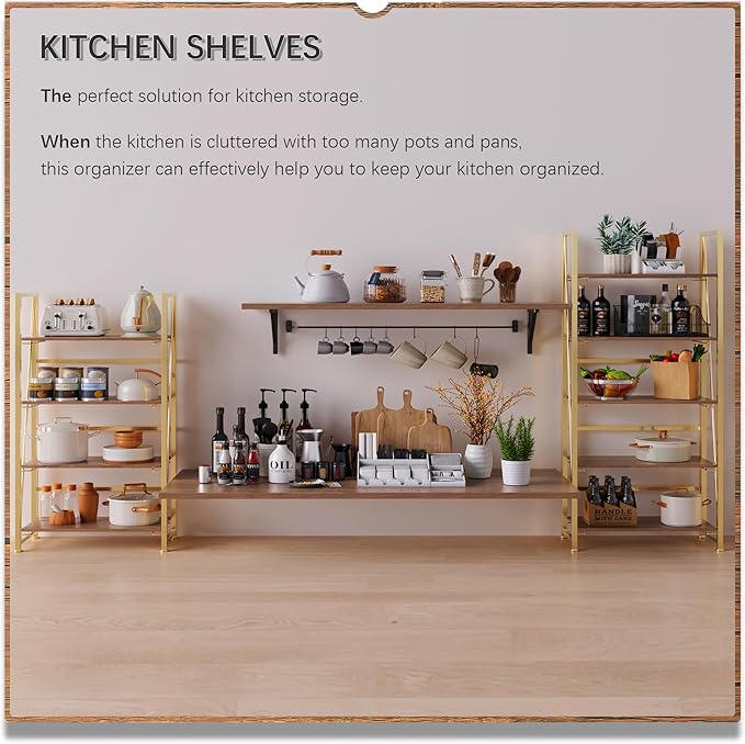 4NM No Assembly Folding Bookshelf, 5-Shelf 62.2" H Collapsible Foldable Bookcase Storage for Small Spaces, Brown and Golden