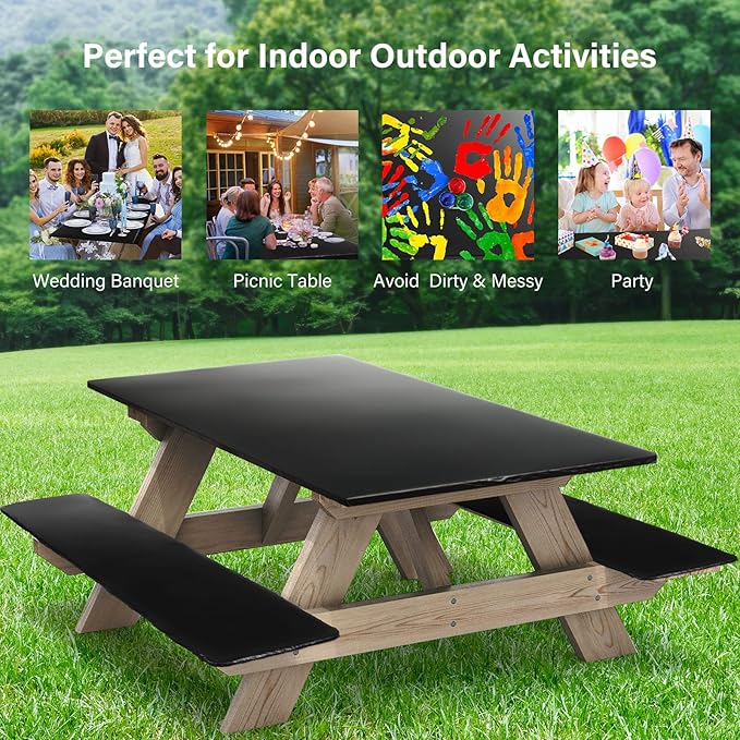 3 Pcs Picnic Table and Bench Fitted Tablecloth Cover for 6 Ft Table 30 x 72 Inch Vinyl Fitted Elastic Edges Waterproof Wipeable Tablecloth for Indoor Outdoor Travel Picnics Patio Camping (Black)