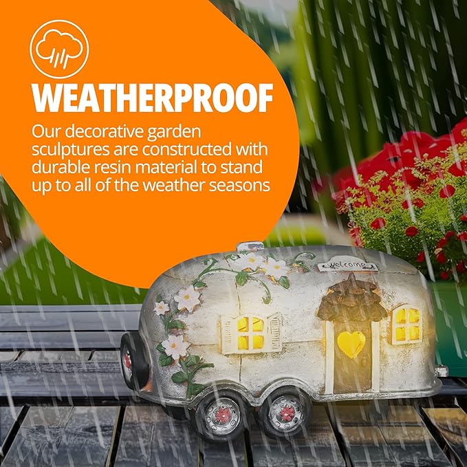 Exhart Garden Sculpture, Solar Vintage Camping Trailer Garden Statue, LED Lights, Outdoor Garden Decoration, 5 x 10 x 6 Inch