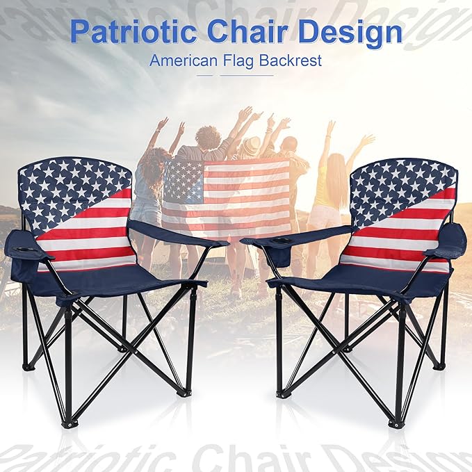 Folding Camping Chairs 2 Pack:Oversized Padded Lawn Chair for Adult,Collapsible for Outdoor,Camp,Fishing & Garden,350-lbs Capacity,American Flag