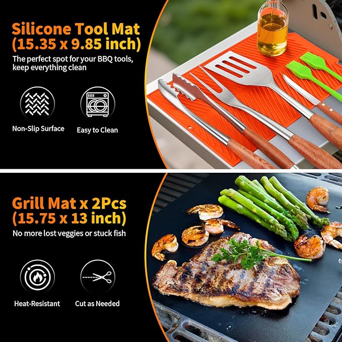 16 Inch Grilling Accessories Set, Heavy Duty Stainless Steel BBQ Accessories Tools and Grill Accessories for Outdoor Grill with Spatula, Fork, & Tongs - Grilling Gifts for Men Women Father