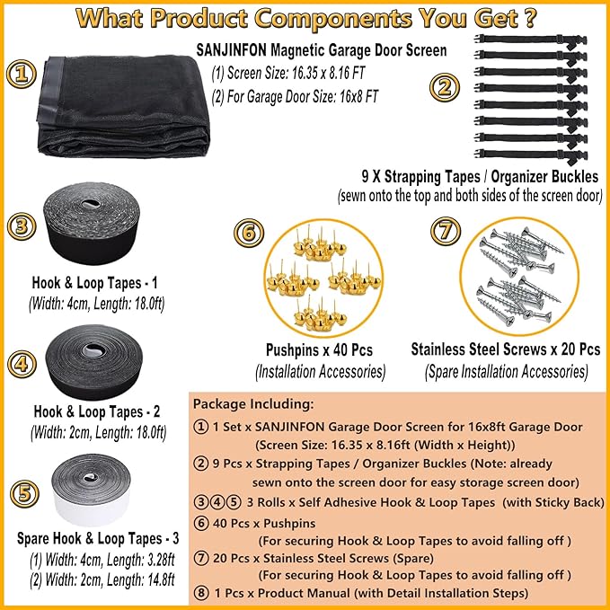 Garage Screen Door Kit 16x8ft with Magnetic Closure - Garage Net, Heavy-Duty Fiberglass Mesh for 16x8 FT 2 Car Garage, Blocks Bugs & Provides Privacy - Perfect for Patio Workshop Gym Porch