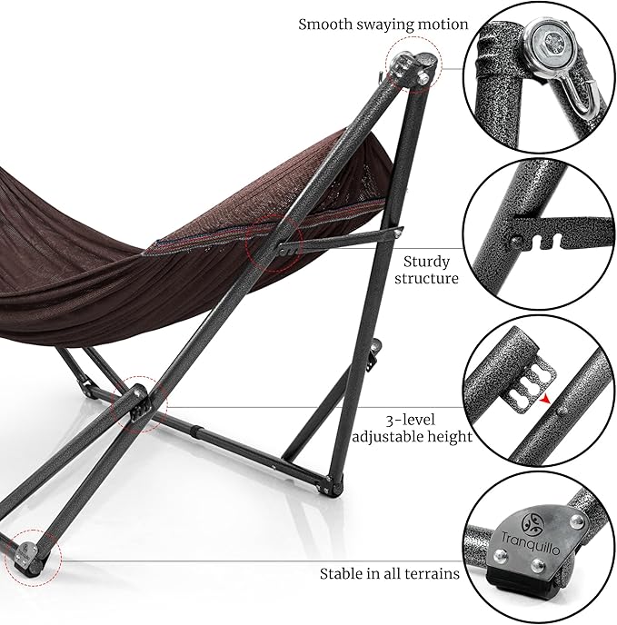 Tranquillo Universal Double Hammock with Stand Included for 2 Persons/Foldable Hammock Stand 600 lbs Capacity Portable Case - Inhouse, Outdoor, Camping, Brown