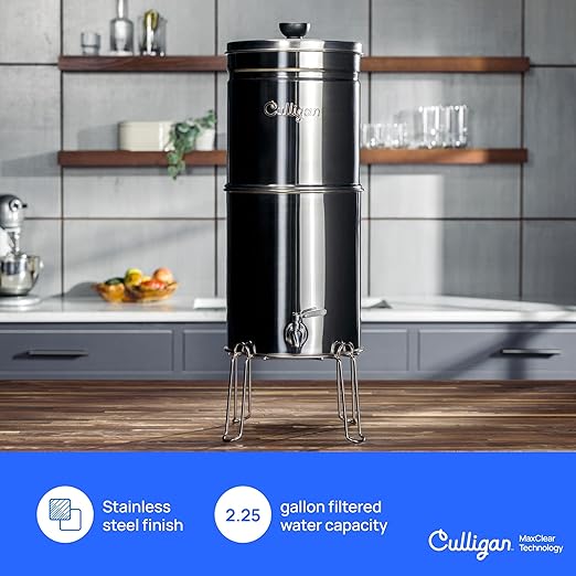 Culligan with MaxClear Technology 2.25 Gallon Gravity Water Filter System, Brushed Countertop Ceramic Water Filter NSF/ANSI Certified to Reduce Lead, Microplastics & Total PFAS, with 1 Filter