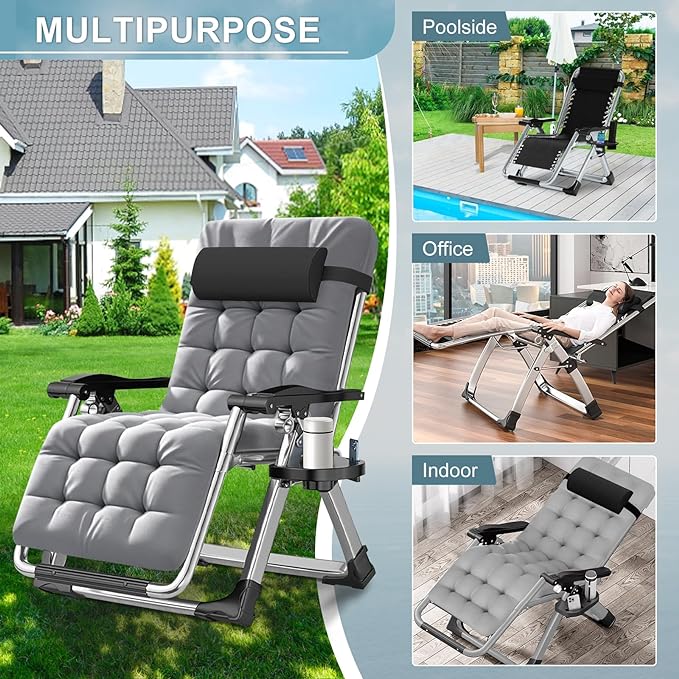 ABORON 2 Pack Zero Gravity Chair, Outdoor Lounge Chairs Sun Loungers with Removable Cushion,Headrest,Cup Holder,Reclining Patio Lounger Chair for Indoor and Outdoor
