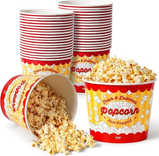 Fit Meal Prep 150 Pack Classic Paper Popcorn Buckets Disposable, 85 Oz Grease Resistant Popcorn Bowls Cups for Machine Home Theater Carnival Movie Night