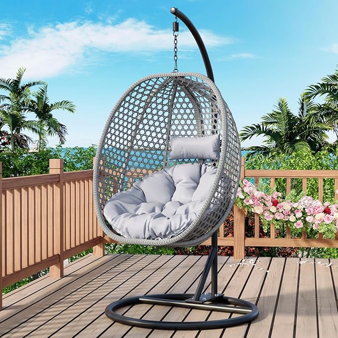 JUFU Egg Swing Chair with Stand,Hanging Egg Chair Indoor Outdoor,Hammock Hanging Basket Chair with Aluminum Steel Frame，Patio Egg Chair with Removable Cushions for Patio Balcony Backyard,Bedrooms