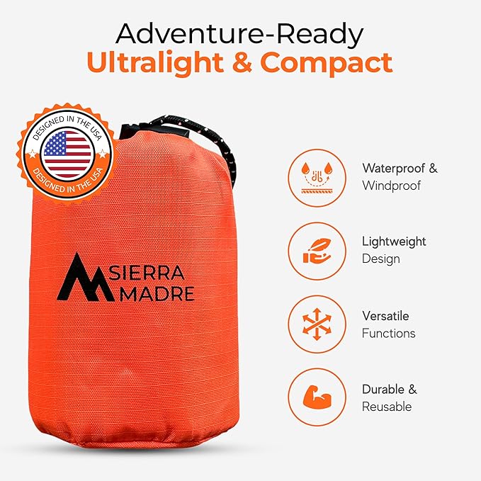 Sierra Madre Emergency Sleeping Bag – Ultralight, Waterproof Mylar Thermal Bivy Sack Tent for Hiking, Bug-Out Bags, Survival Kits