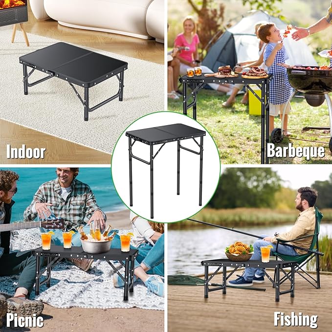 GARLLEN 2ft Folding Camping Table, 3 Adjustable Height Lightweight Picnic Table, Portable Aluminum Grill Table (22.8" L x 15.7" W) for Outdoor, Camping, BBQ, Black