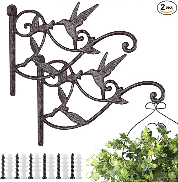 2PCS Plant Hangers Outdoor Plant Hooks for Wall/Fence, Hummingbird Hanging Plant Bracket Heavy Duty Cast Iron Plant Hanger for Lantern/Bird Feeder, Drak Brown