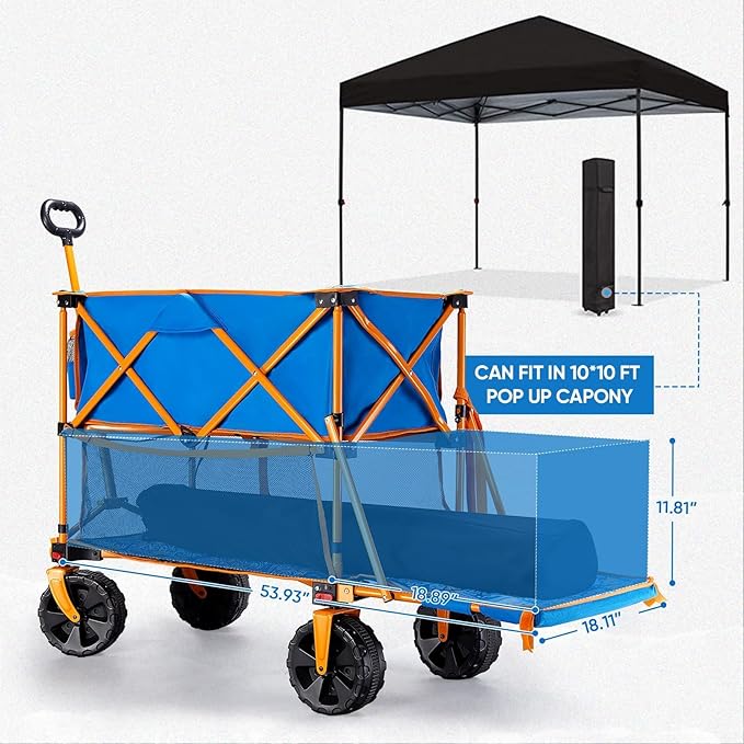 400L Collapsible Double Decker Wagon,Folding Cart with 54" Lower Decker,Heavy Duty Utility Wagon Cart with All-Terrain Big Wheels for Outdoor,Camping,Shopping,Garden