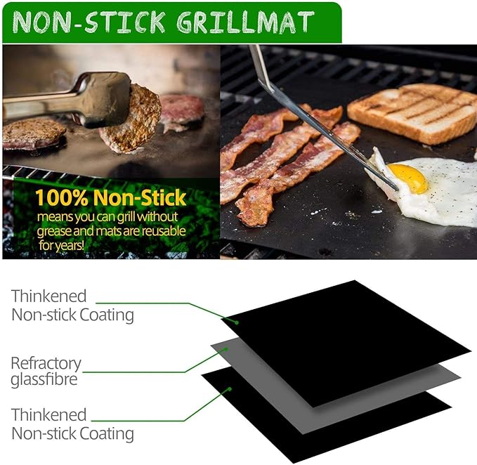 BBQ Grill Mat - 2025 Set of 3 Heavy Duty Heat Resistant 600 Degree 100% Non-Stick Best Grill Mats (15.75 x 13 inches)