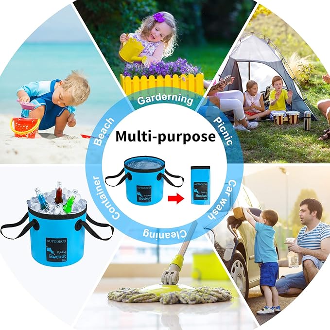 AUTODECO 2 Pack Collapsible Bucket 5 Gallon Container Folding Water Bucket Portable Wash Basin for Outdoor Travelling Camping Fishing Gardening Car Washing 20L