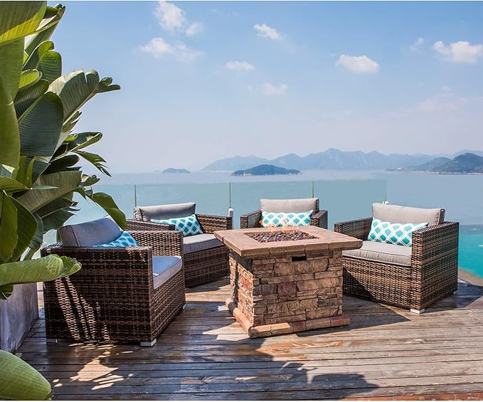 COSIEST 5-Piece Faux Brown Propane Fire Pit Outdoor Furniture Brown Chairs, Warm Gray Wicker Thick Cushion Sofa w 32-inch Square Propane Fire Table (50,000 BTU) for Garden, Pool, Backyard