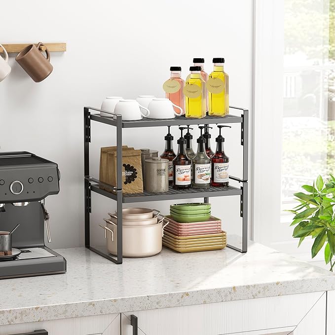 2 Pack Kitchen Countertop Organizer, Stackable Cabinet Shelf Organizer, 2 Tier Adjustable Kitchen Counter Shelves Riser For Pantry Cupboard Bathroom Organization And Storage, Desk Shelf,Spice Rack