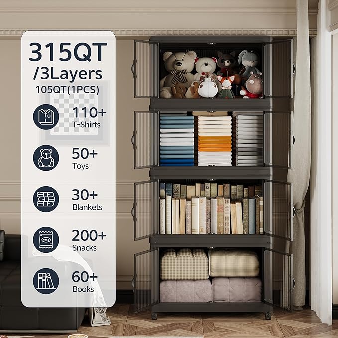 JONZEN 3-Pack 105Qt Black Modern Stackable Storage Bins with Lids, Closet Organizers for Home, Bedroom, Garage & Kitchen