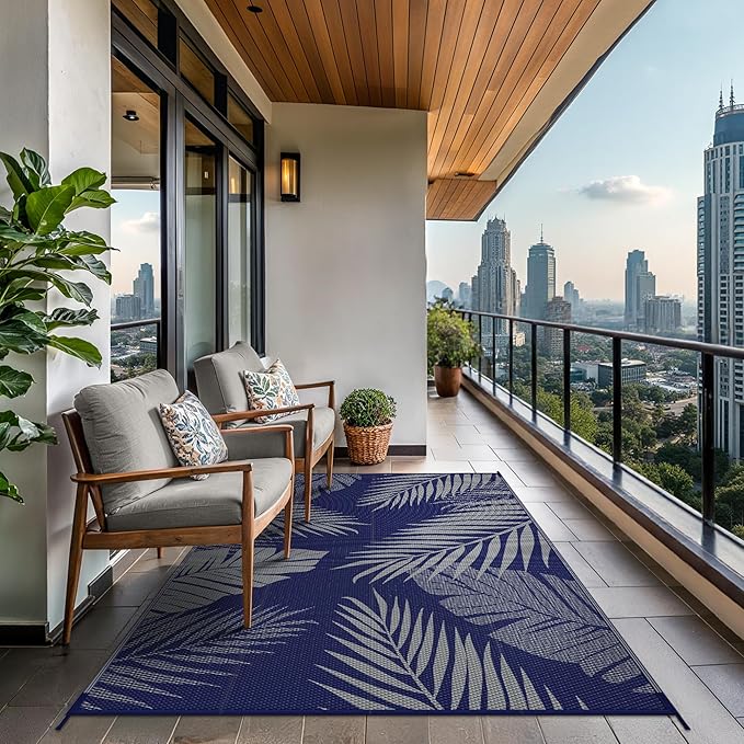 GENIMO Outdoor Rug 5' x 8' Waterproof for Patios Clearance, Reversible Outdoor Plastic Straw Camping Rug Carpet, Large Area Rugs Mats for RV, Picnic, Backyard, Deck, Balcony, Porch, Beach, Blue&Grey