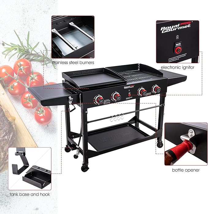 Royal Gourmet GD402 4-Burner Propane Gas Grill and Griddle Combo with Foldable Legs, 48,000 BTUs, Portable Griddle Grill Combo for Outdoor Cooking While Camping or Tailgating, Black