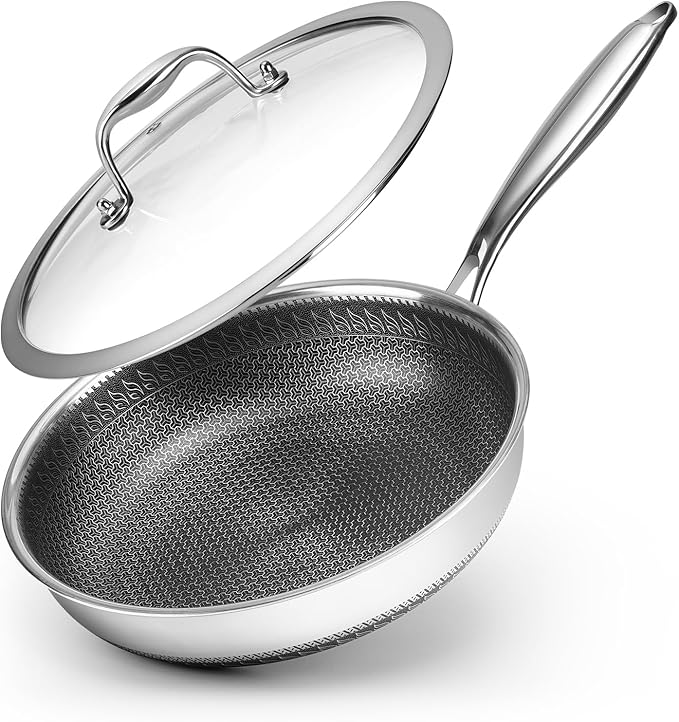 10.5 inch Frying Pan Nonstick with Lid, 2.5 Qt Deep Non Stick Stainless Steel Sauté Pan Skillet, Dishwasher and Oven Safe, Compatible with All Cooktops