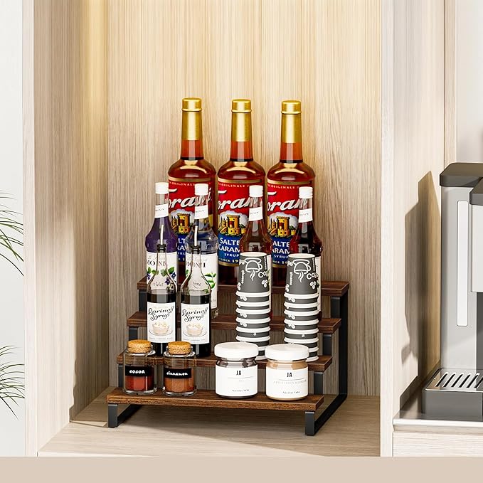 Giikin 4 Tier Spice Rack, Wooden Spice Rack for Countertop, Kitchen Counter Storage Shelves Cupcake Stand Holder Display Stand, Rustic Brown