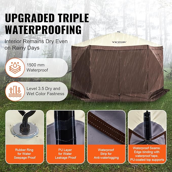 VEVOR Pop Up Gazebo Screen Tent 6 Sided Canopy Sun Shelter with 6 Removable Privacy Wind Cloths & Mesh Windows, 11.5x11.5FT Quick Set Screen Tent with Mosquito Netting, Brown