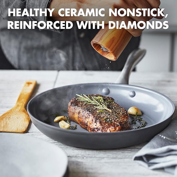 GreenPan Lima Hard Anodized 10" Frying Pan Skillet, Wood Spatula, Ceramic Nonstick, PFAS-Free Nontoxic Pots and Pans, Oven & Broiler Safe, Stainless Steel Handle, Cookware for Eggs & Omelet, Gray