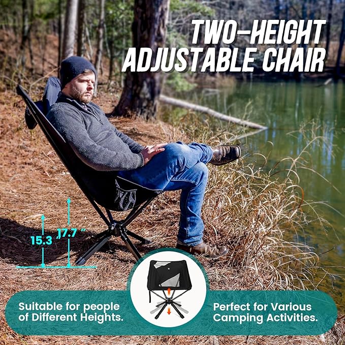 Adjustable Portable Camping Chair RiseLite Lightweight Compact Folding Chair for Adults, Collapsible Camp Chairs That Folds Up Small, Easy Carry for Travel, Outdoor, Sports, Backpacking, Hiking