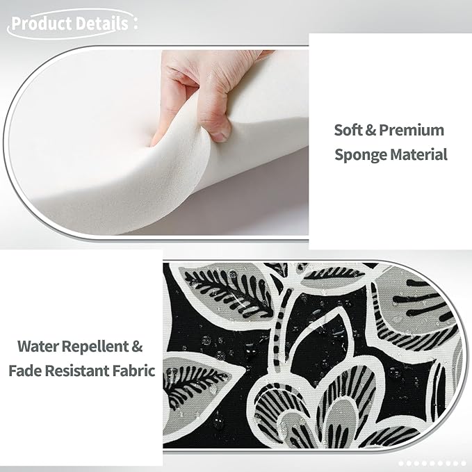 Indoor/Outdoor Chair Cushions 16x17 Inch, Patio Chair Cushions with Ties, All Weather Seat Cushions for Patio Furniture Home Garden Chair Use, Set of 4,Flower Black