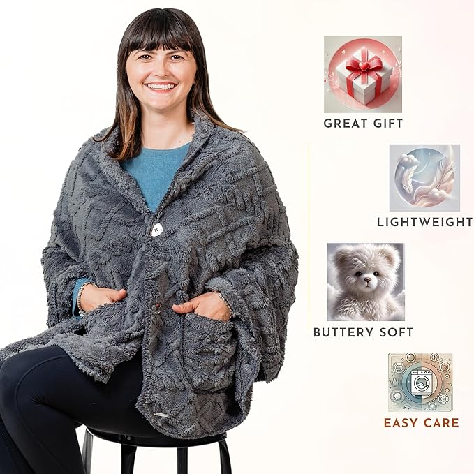 Boho Chic Wearable Blanket -No Sleeves Drape and Go - Lightweight Wrap Shawl - Lap Blanket - Gifts for Grandma and Mom (Jacquard - Anthracite)