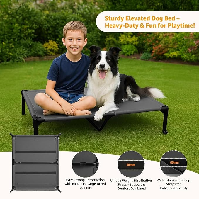 Canvas Elevated Dog Bed, Durable Chew Proof Outdoor Raised Pet Cot for Large Dogs, Waterproof, Breathable, Portable, Washable, Easy Assembly, Sturdy Frame for Camping & Travel, Dark Grey