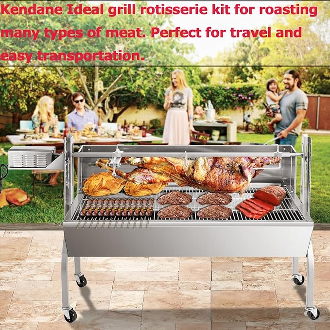 Rotisserie Grill Charcoal Spit Roaster, Stainless Steel 46" Pig Lamb Hooded Roaster Charcoal Spit with 30W Motor & Adjustable Height Lockable Casters for Party Barbecue, Rated 150 LB
