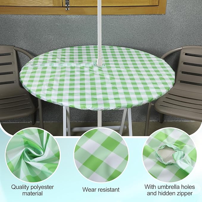 2 Pcs Round Outdoor Tablecloth with Umbrella Hole - Anti-Wrinkle Polyester Tablecloth with Elastic Zipper Table Cover for Summer Patio Camping Party(45''-53'',Plaid)