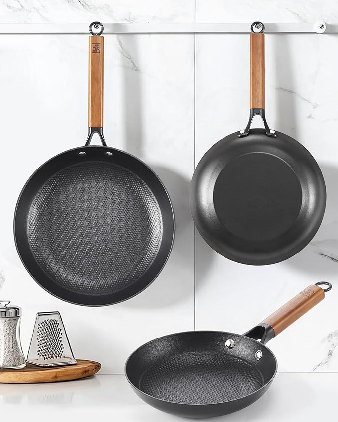 DM Cast Iron Skillet, 3 Piece Nonstick Frying Pan Set, 8” 10” 12” with Detachable Acacia Wooden Handle, Honeycomb Non stick Omelet Egg Pan, Easy Clean Oven Safe Pans for Cooking