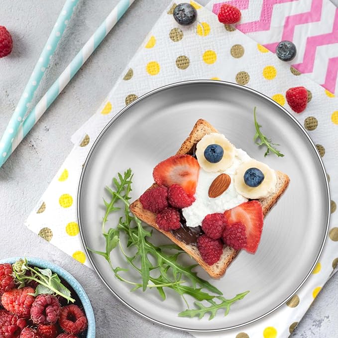 Homikit 6 Pack Stainless Steel Plates, 8 Inch Metal Kids Toddler Dinner Plate Set Non Toxic, 304 Round Camping Plates for Serving Dishes Dessert Salad, Unbreakable & Reusable, Dishwasher Safe