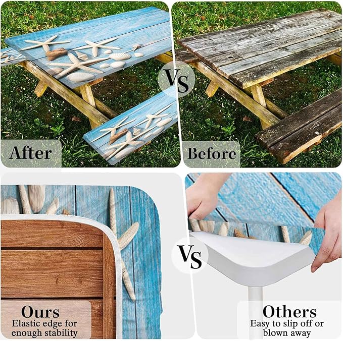 CAPSCEOLL Elastic Picnic Table Cover with Bench Covers 5Ft Waterproof Fitted Picnic Table Cover Cloths for Outdoors Camping Tablecloth with Drawstring Bag, 60X30in, Summer Blue Wood