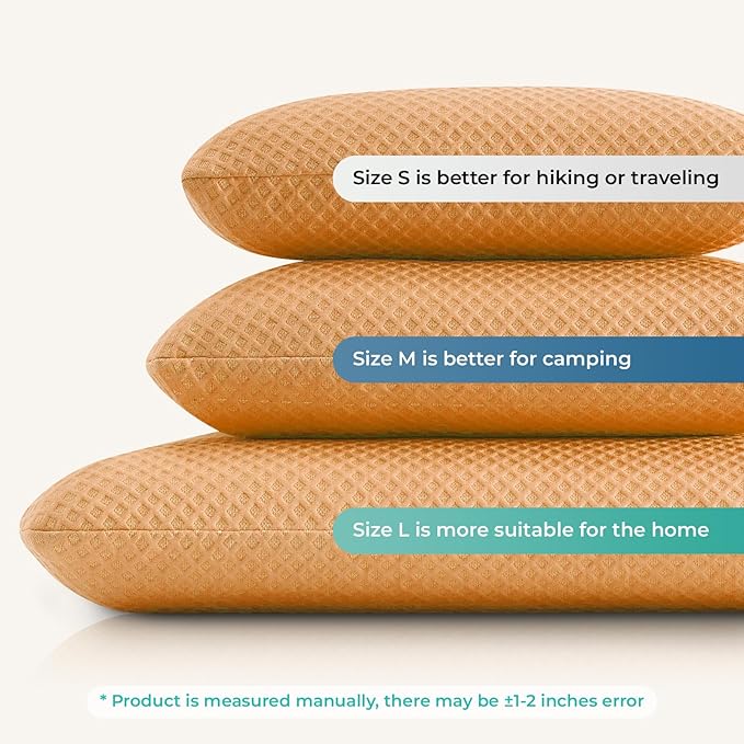 Travel Pillow Memory Foam Pillows, Camping Pillow-Compressible Medium Firm, Breathable Cover, Ideal Backpacking Hiking, Bed Pillows, Airplane and Car (Apricot Yellow, L)