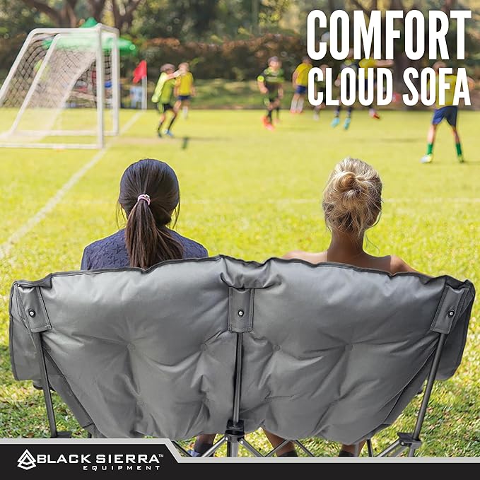 Black Sierra Double Camping Chair for Adults, Oversized Folding Loveseat Supports 600 lbs, Plush Padded Outdoor Couch with Cup Holders and Carry Bag for Beach, Patio, RV, or Tailgating Events