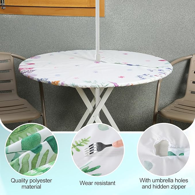 2 Pcs Round Outdoor Tablecloth with Umbrella Hole - Anti-Wrinkle Polyester Tablecloth with Elastic Zipper Table Cover for Summer Patio Camping Party(45''-53'',Leaf and Floral)