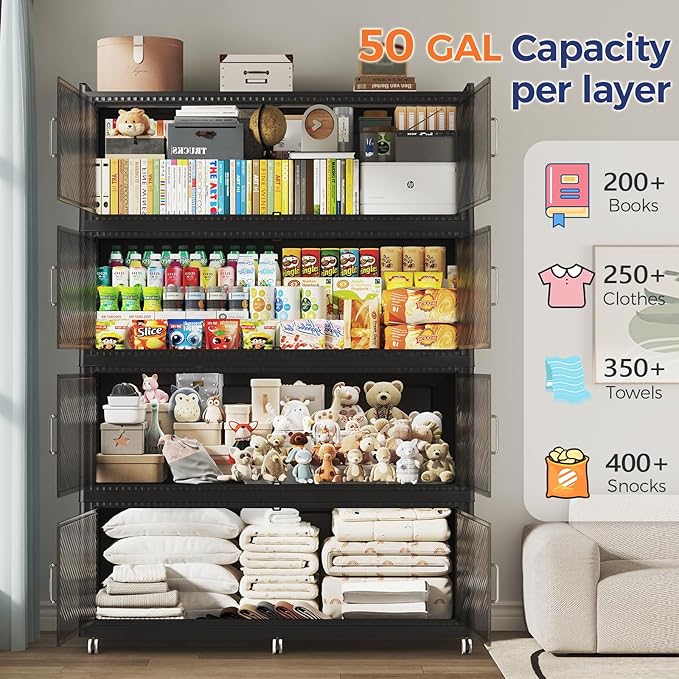 150GAL Extra Large Stackable Storage Bins with Lid, 600QT Plastic Closet Organizer and Storage Cabinet with Wheels and Doors, Folding Storage Box Container for Home Organization, 3Pack Black