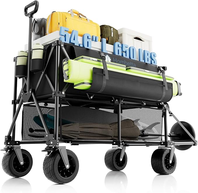 400L Folding Double Decker Wagon, 560LBS Heavy Duty Utility Cart with Brakes, Wagon Cart with Wheels Foldable, All-Terrain Big Wheels for Camping, Beach, Picnic, Outdoor Use, Black