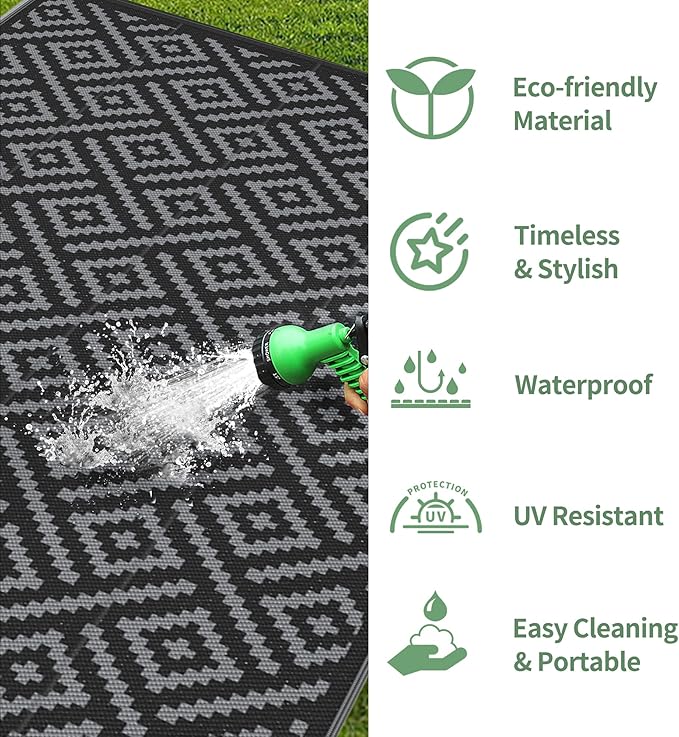 GENIMO Outdoor Rug for Patio Clearance,9'x18' Waterproof Mat,Reversible Plastic Camping Rugs,Rv,Porch,Deck,Camper,Balcony,Backyard,Black & Gray