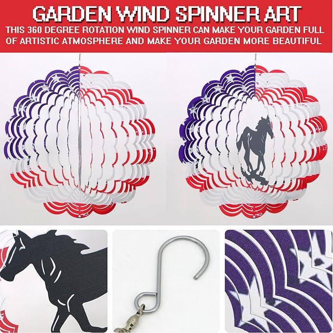 3D Patriotic Horse Wind Spinner Decor - 12 Inch Metal Garden Art, Rust-Proof Outdoor Hanging Decorations, Patriotic American Flag Design, for Horse Lovers(Horse)