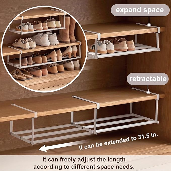 Expandable Shoe Rack Organizer - Adjustable Shoe Rack & Under Cabinet Shelf - for Shoe or Clothing Storage and Organization, Under Shelf Storage (Black,4 Pcs)